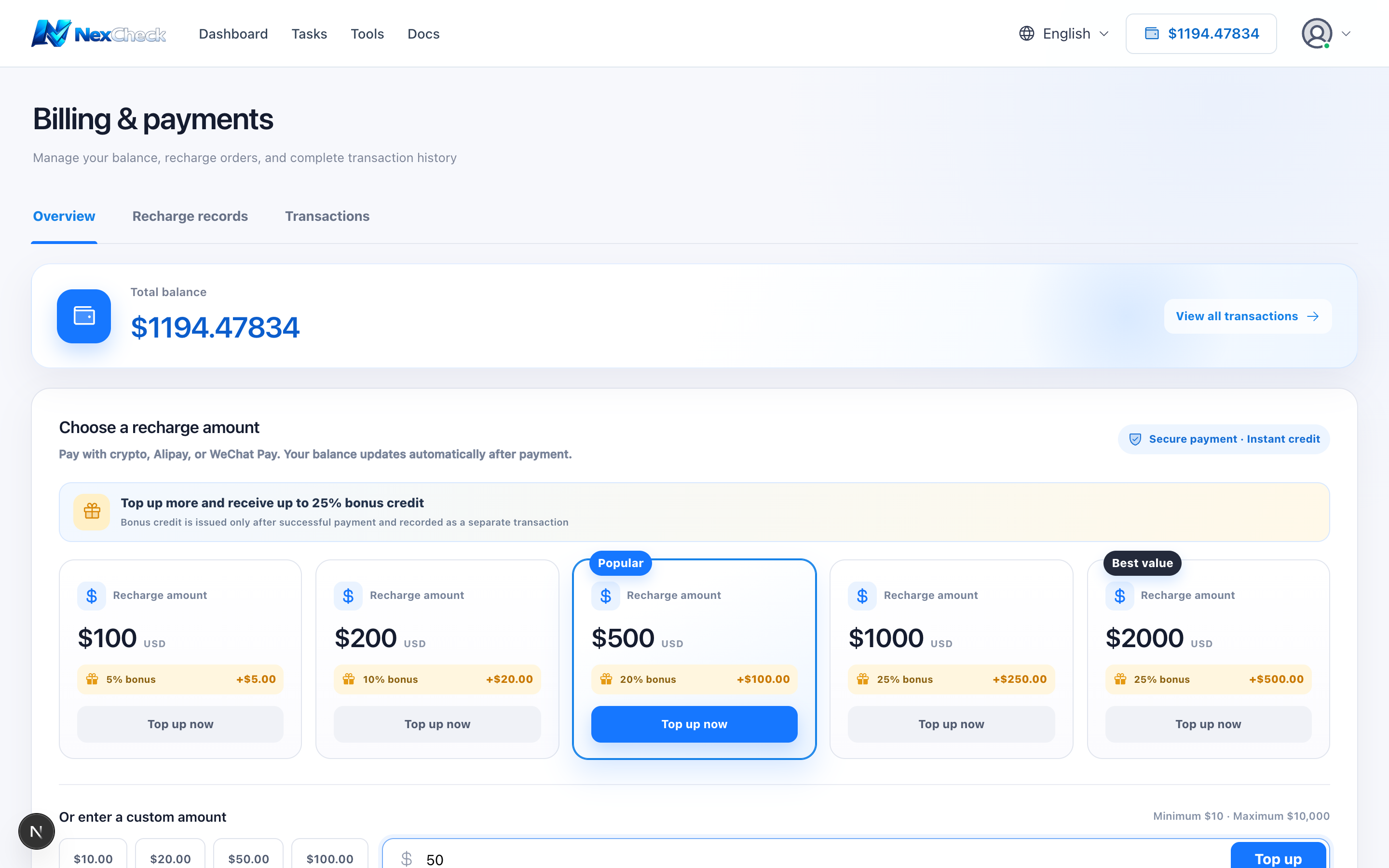 Custom amount below the bonus threshold