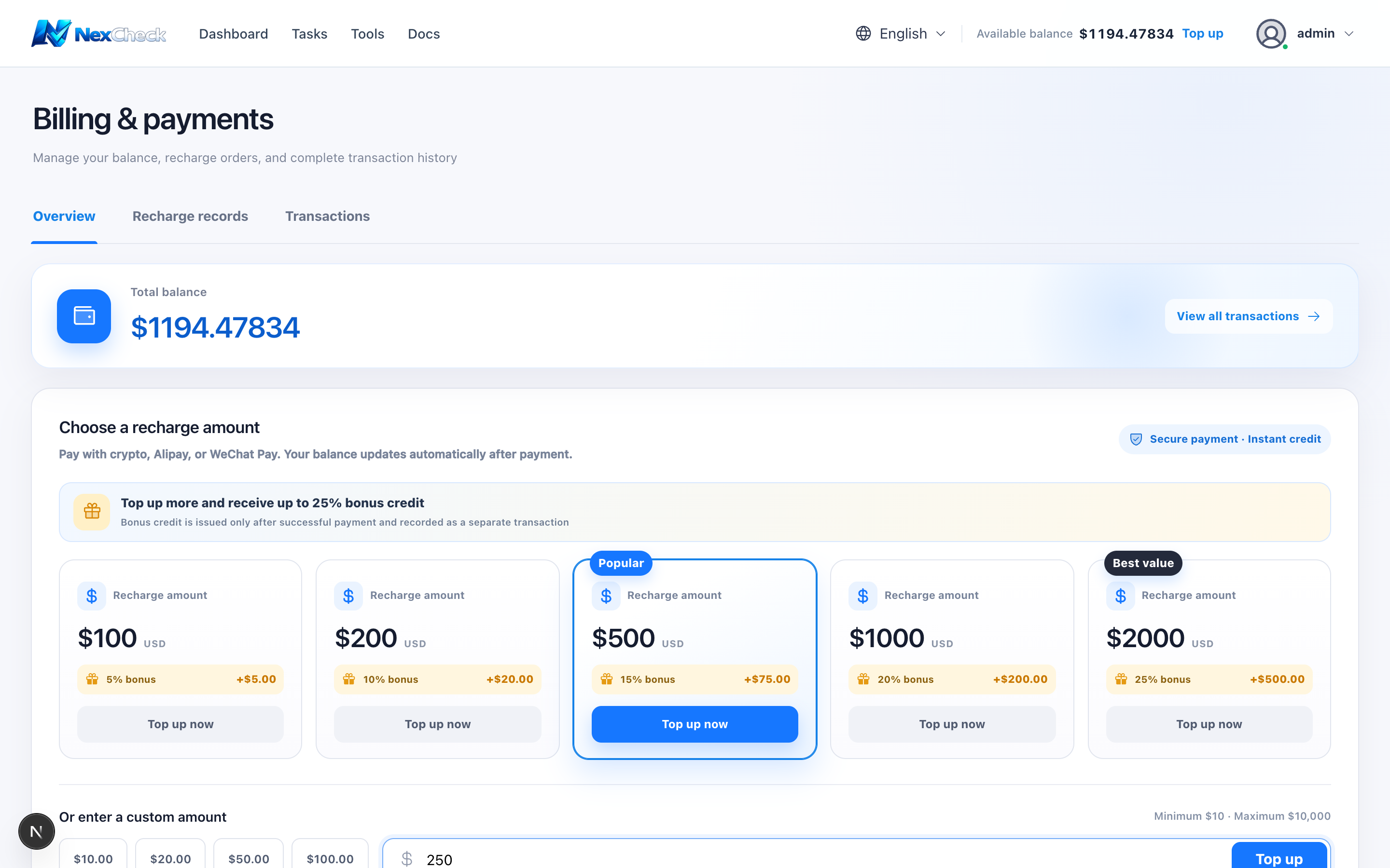 Custom recharge amount and bonus preview