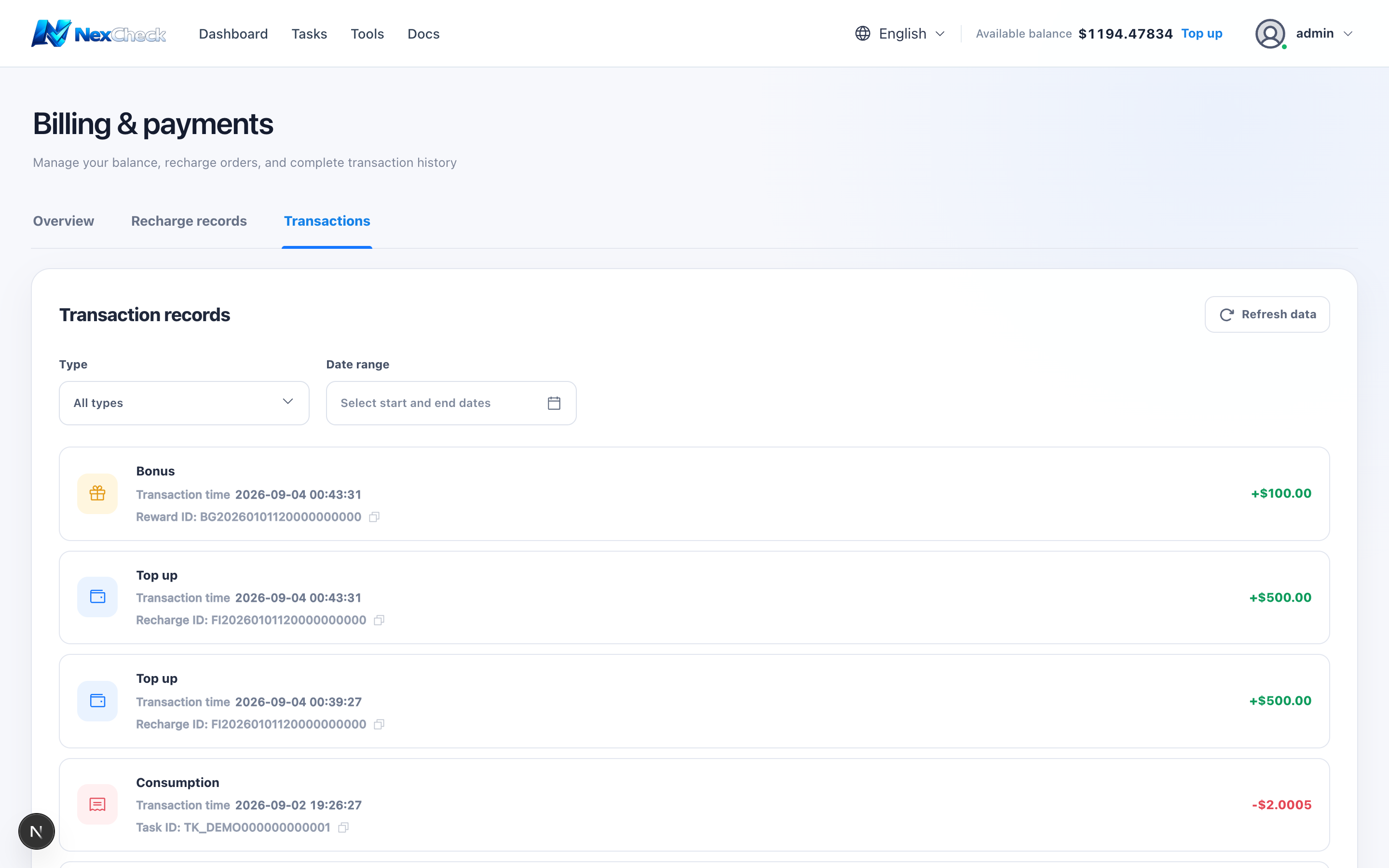 Transaction record list