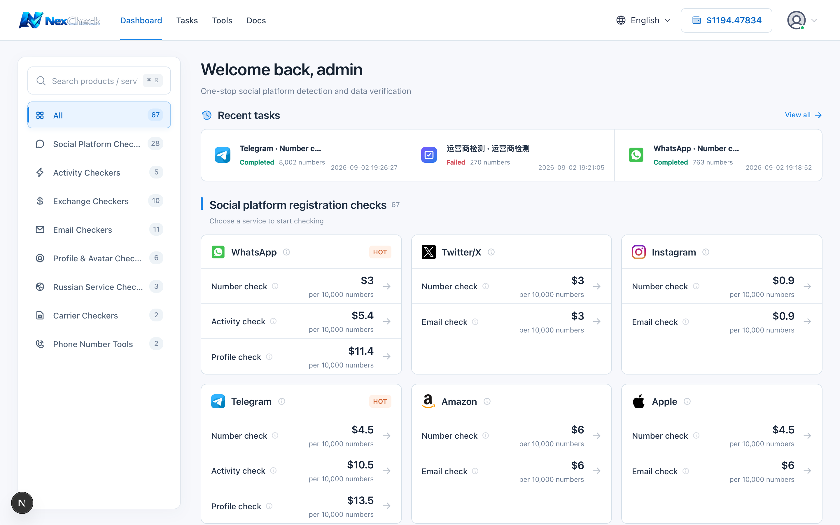 NexCheck dashboard in English