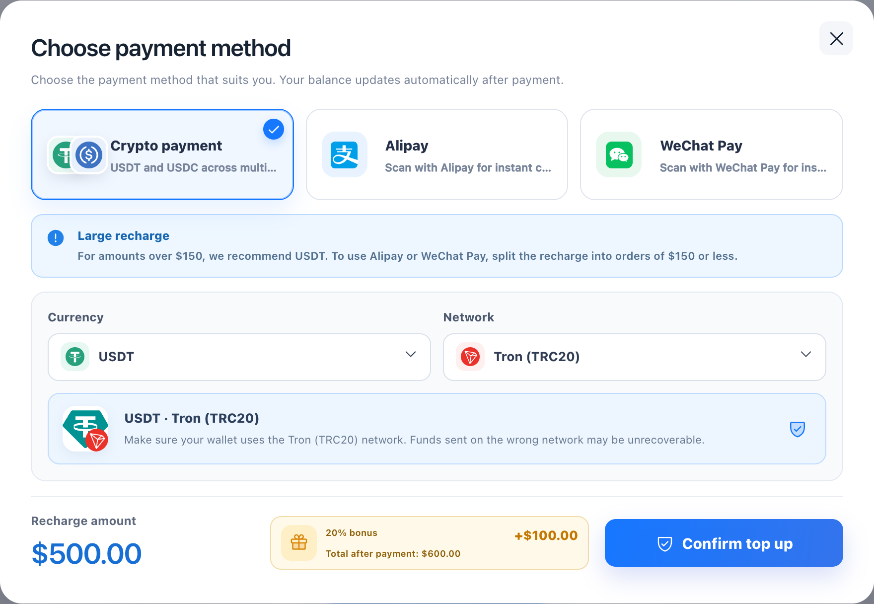 Crypto payment method and network selection