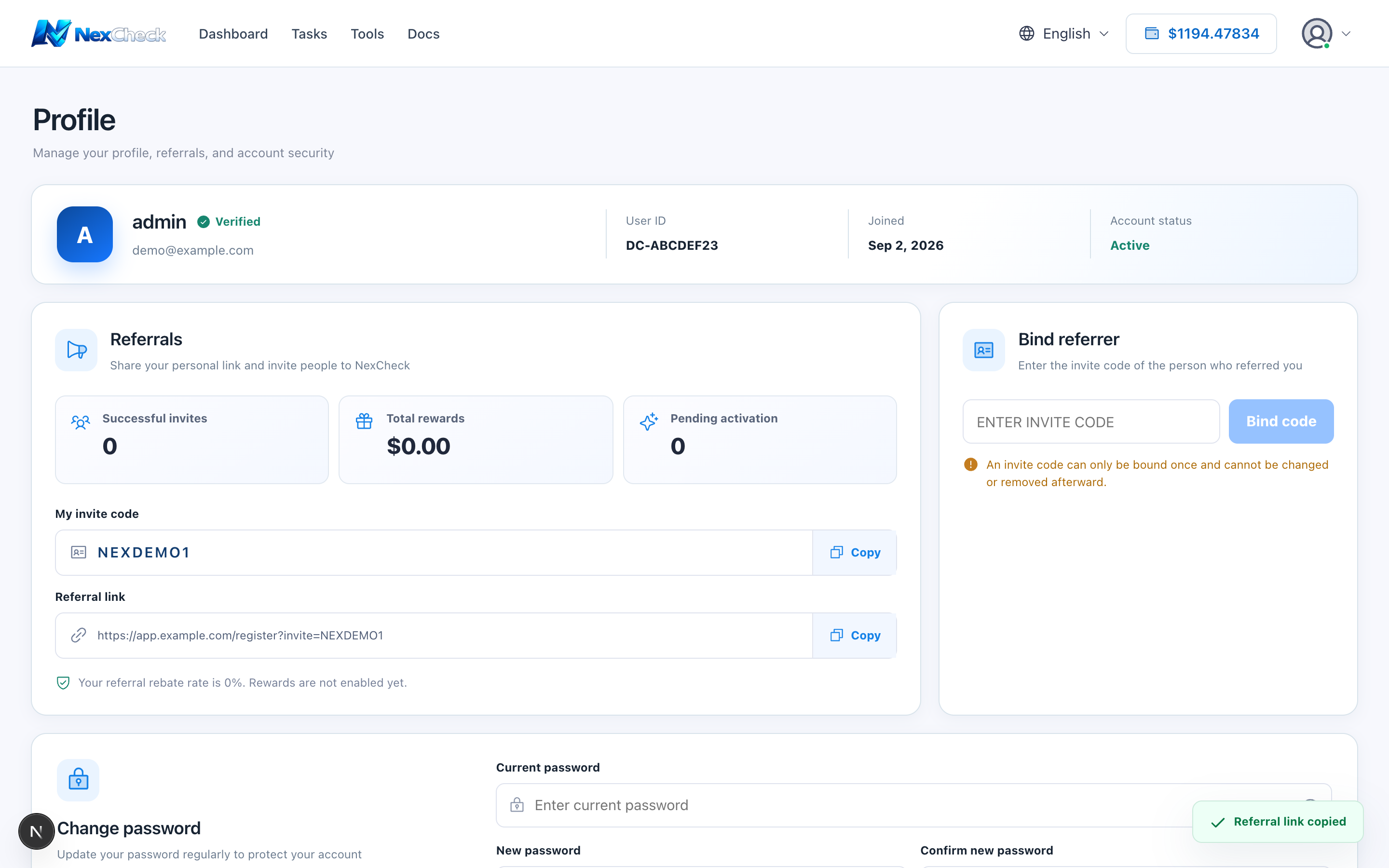 Invitation-link copy feedback with referral code replaced