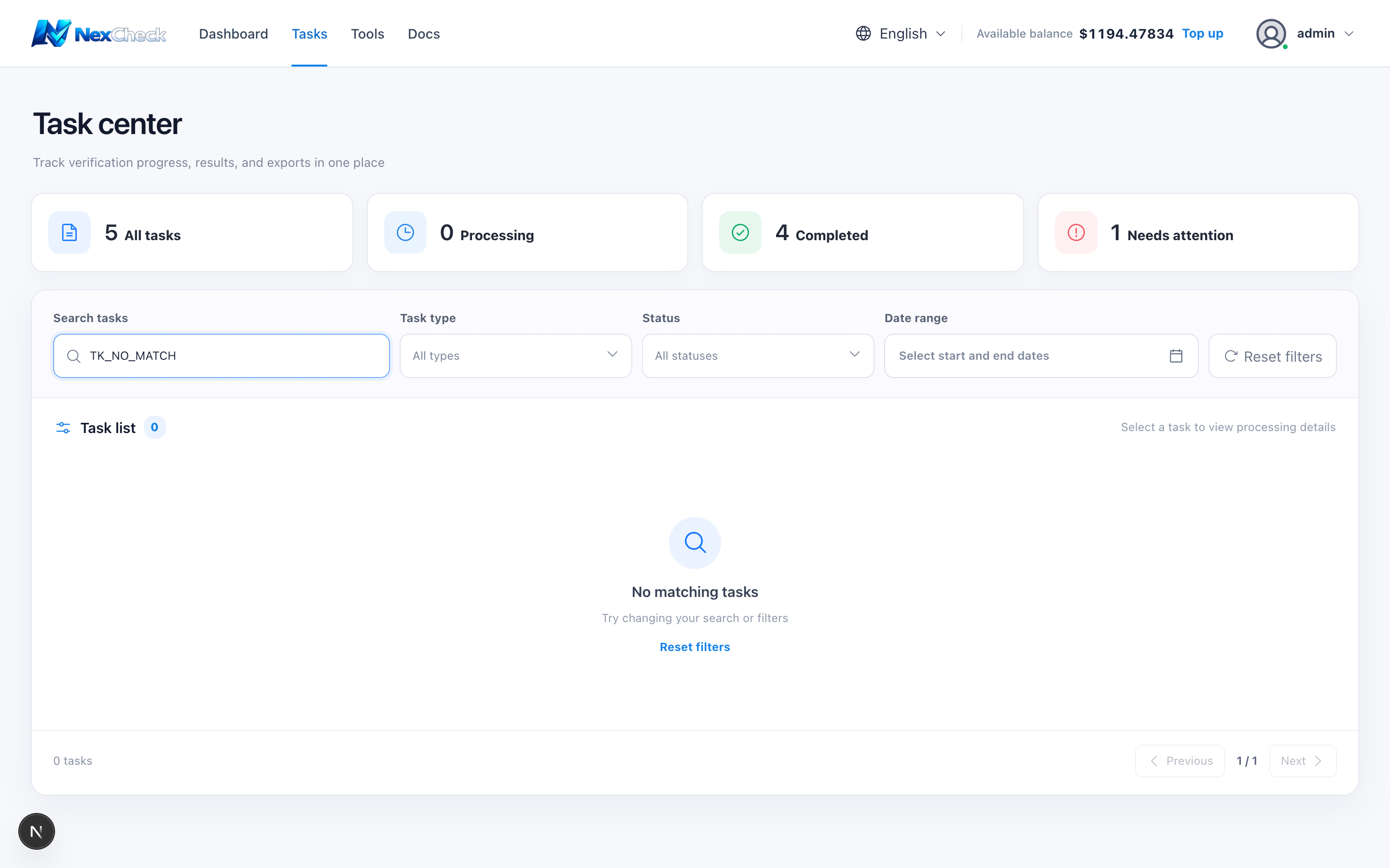 Task Center with no matching filter results