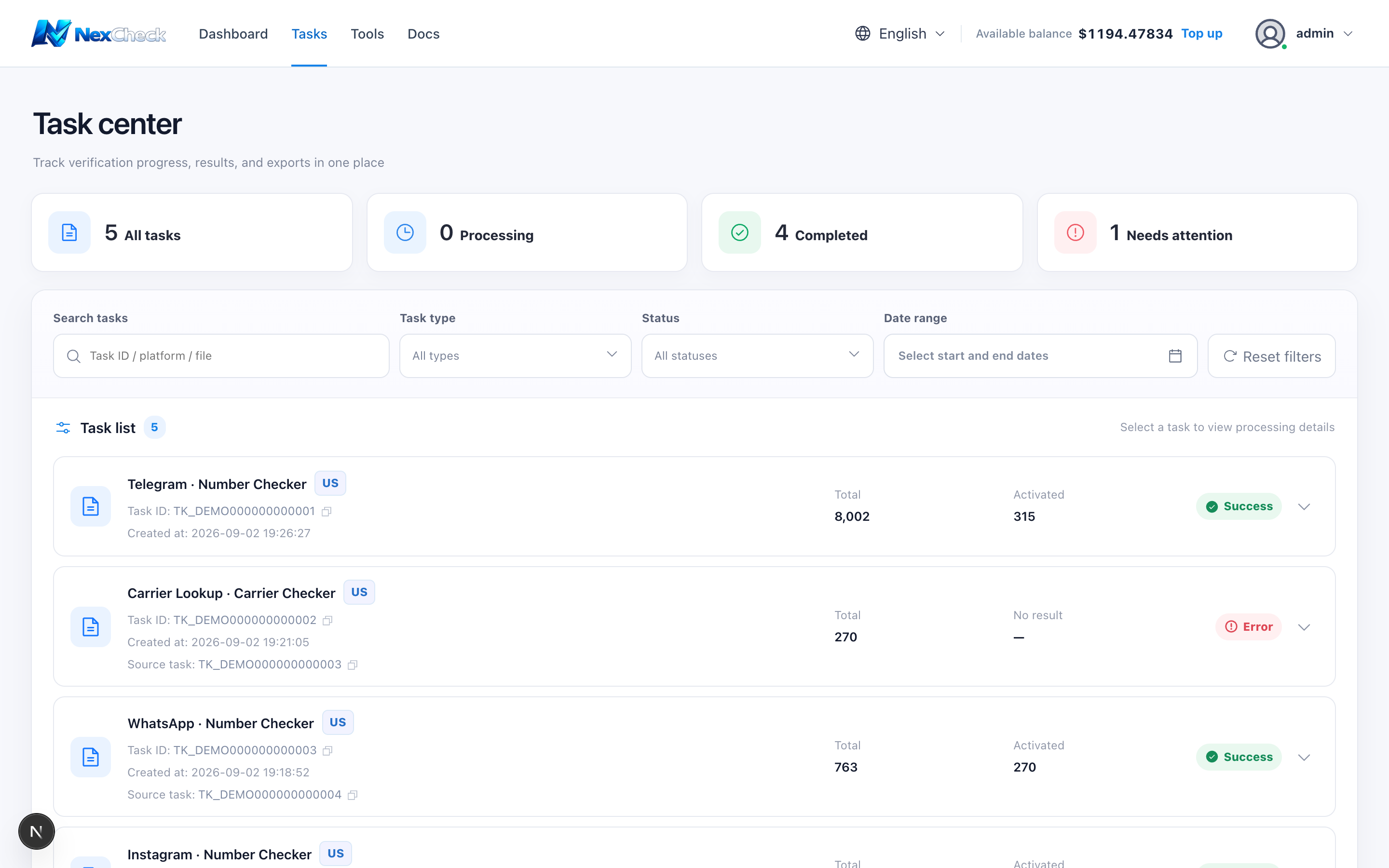 Task Center list