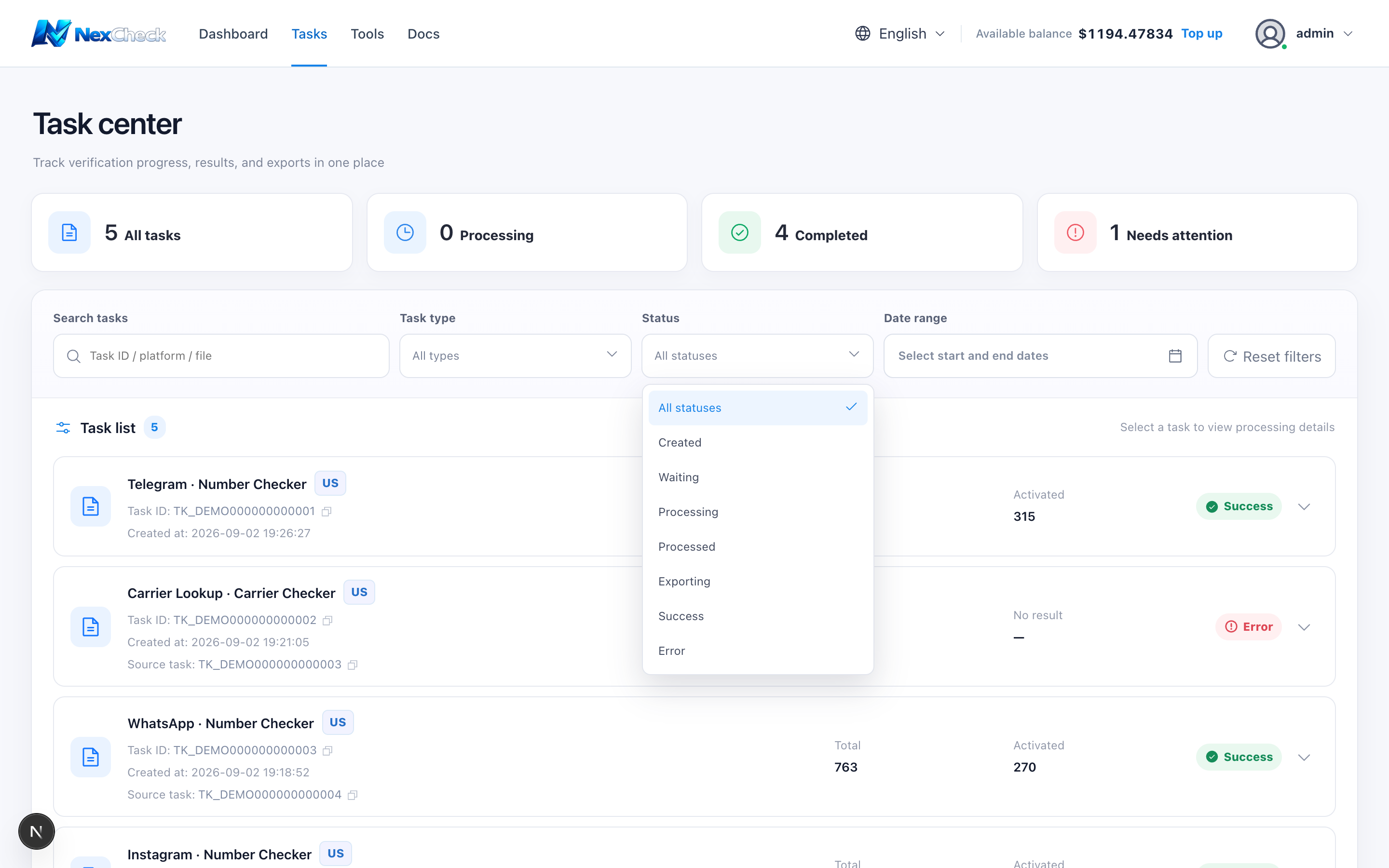 Task status filter