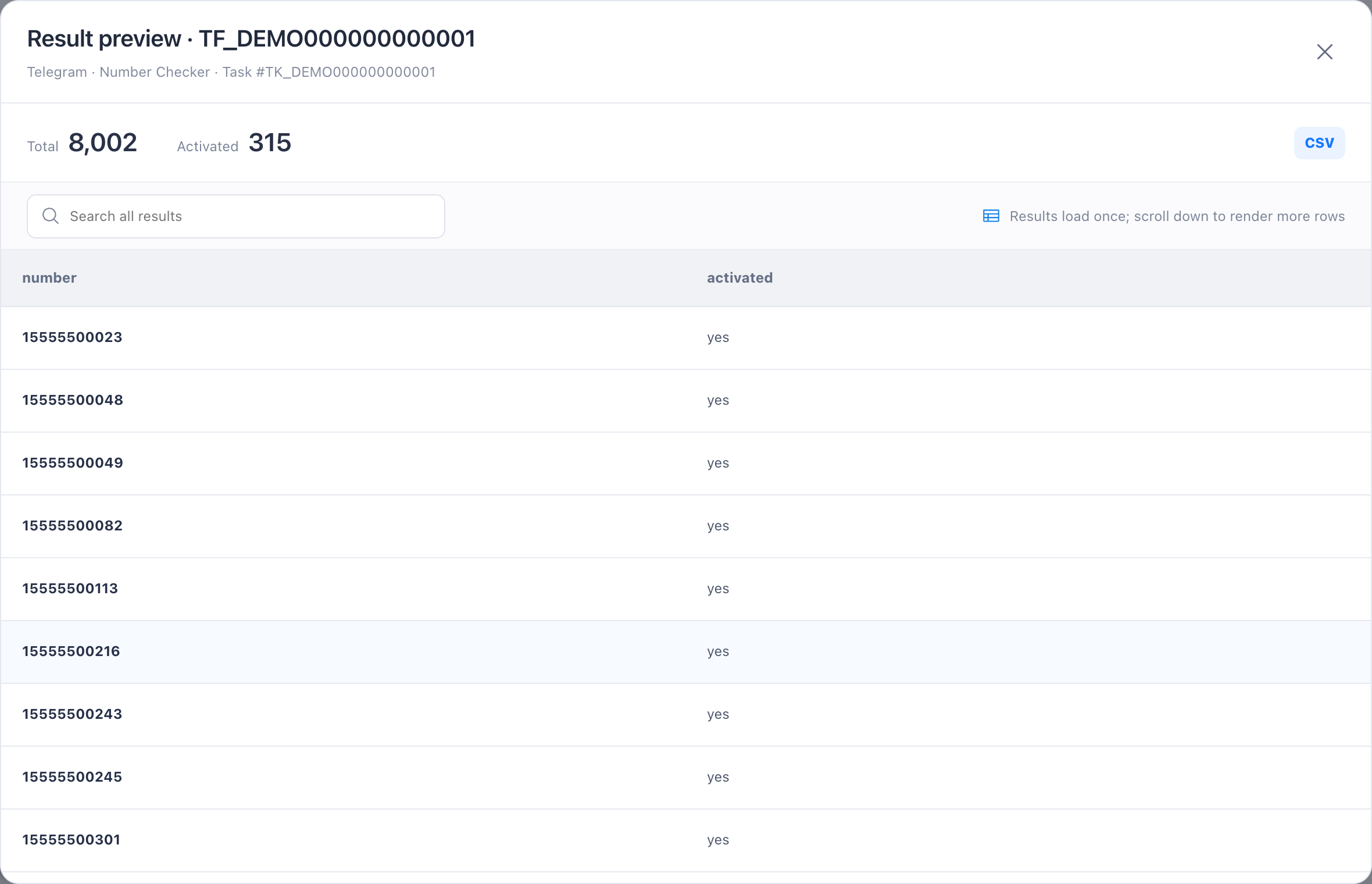 Result preview with phone numbers replaced