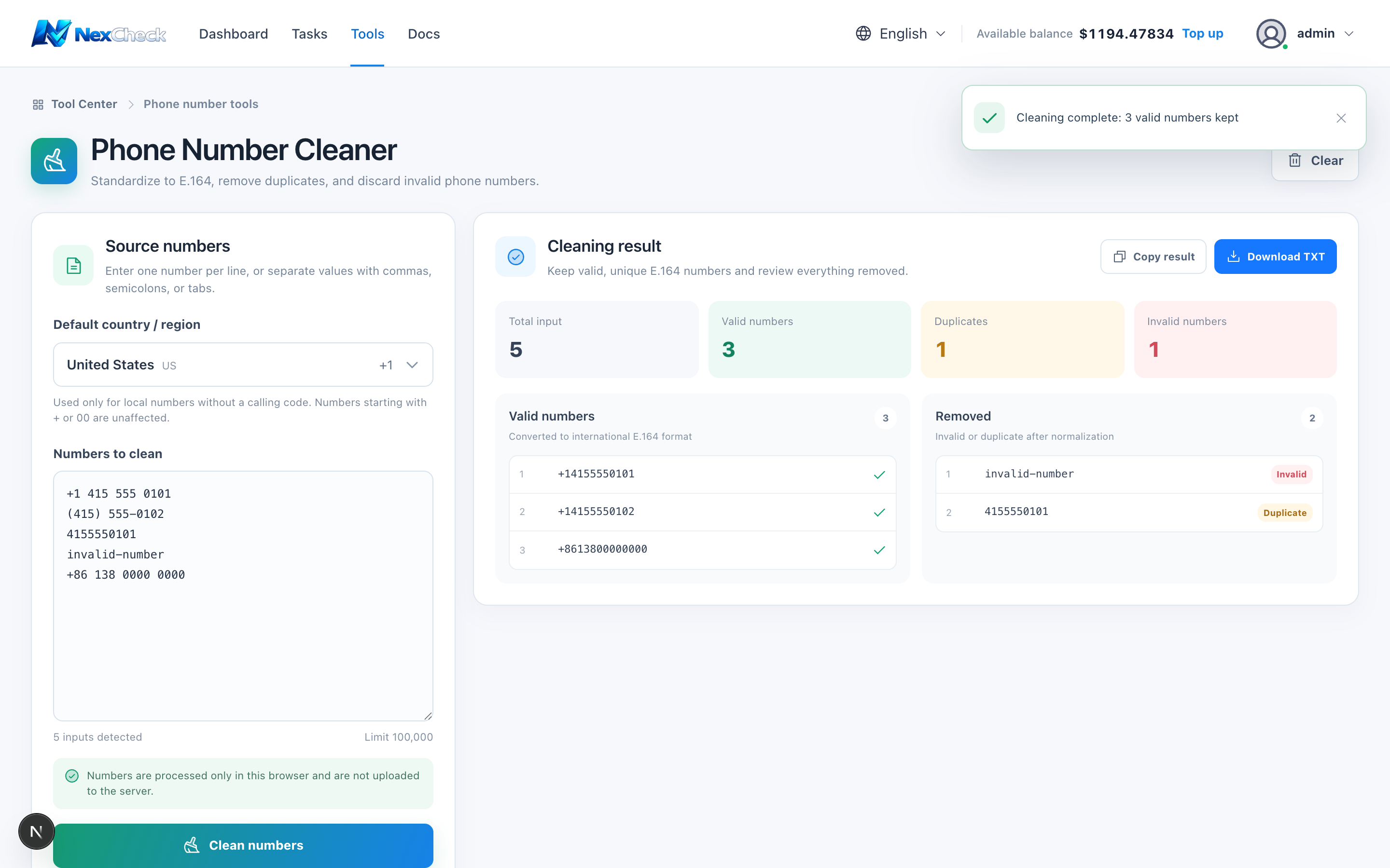 Phone number cleaner result with sample numbers
