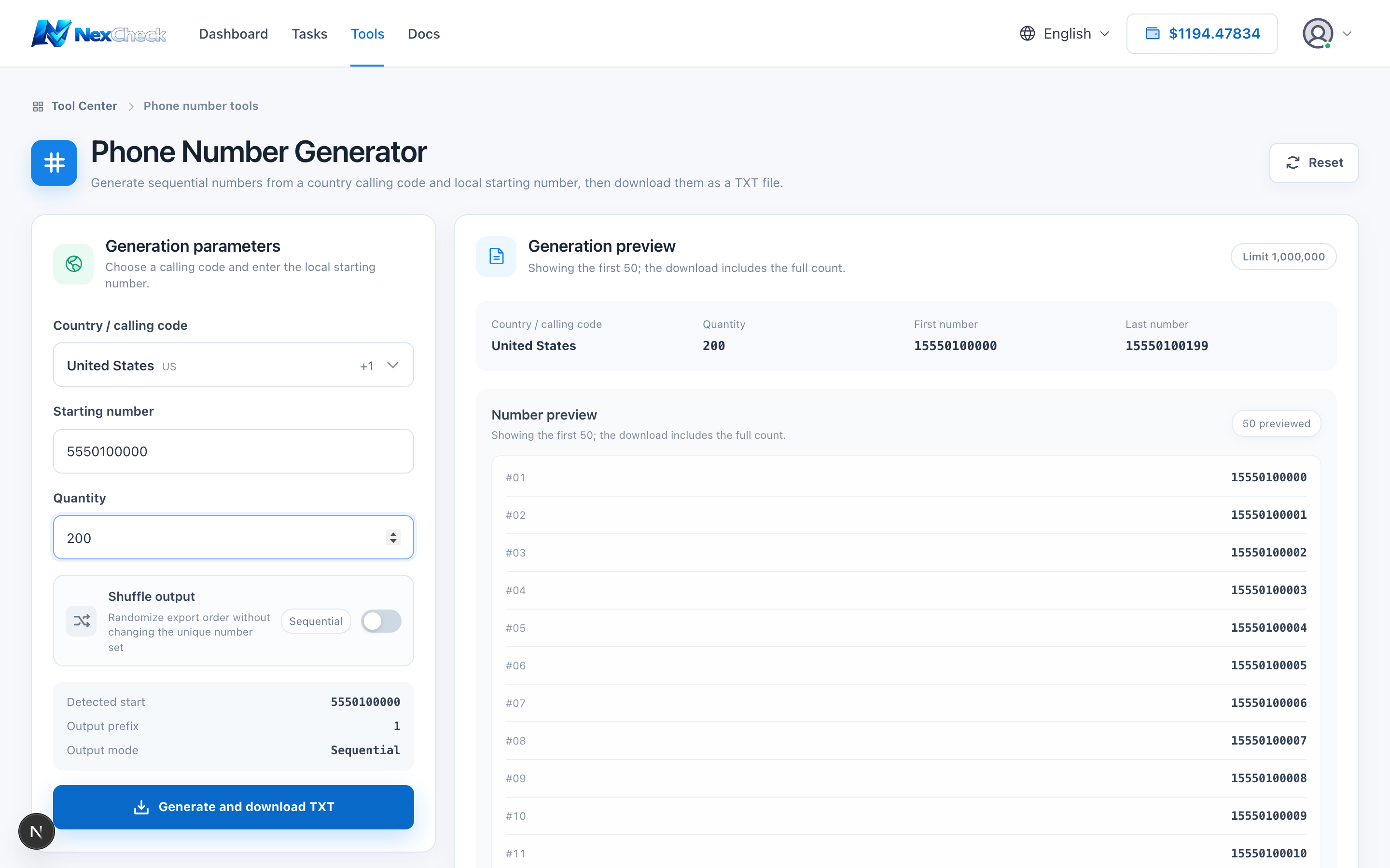 Phone number generator preview